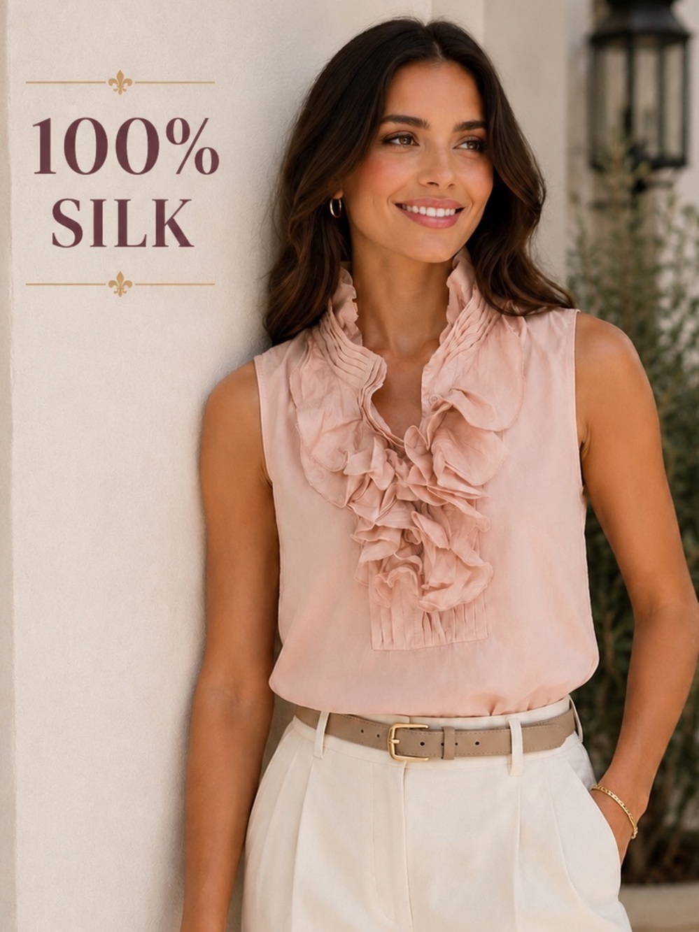 J.Crew 100% Silk Ruffle Blouse Pink Sleeveless Mock Neck Romantic Size 0